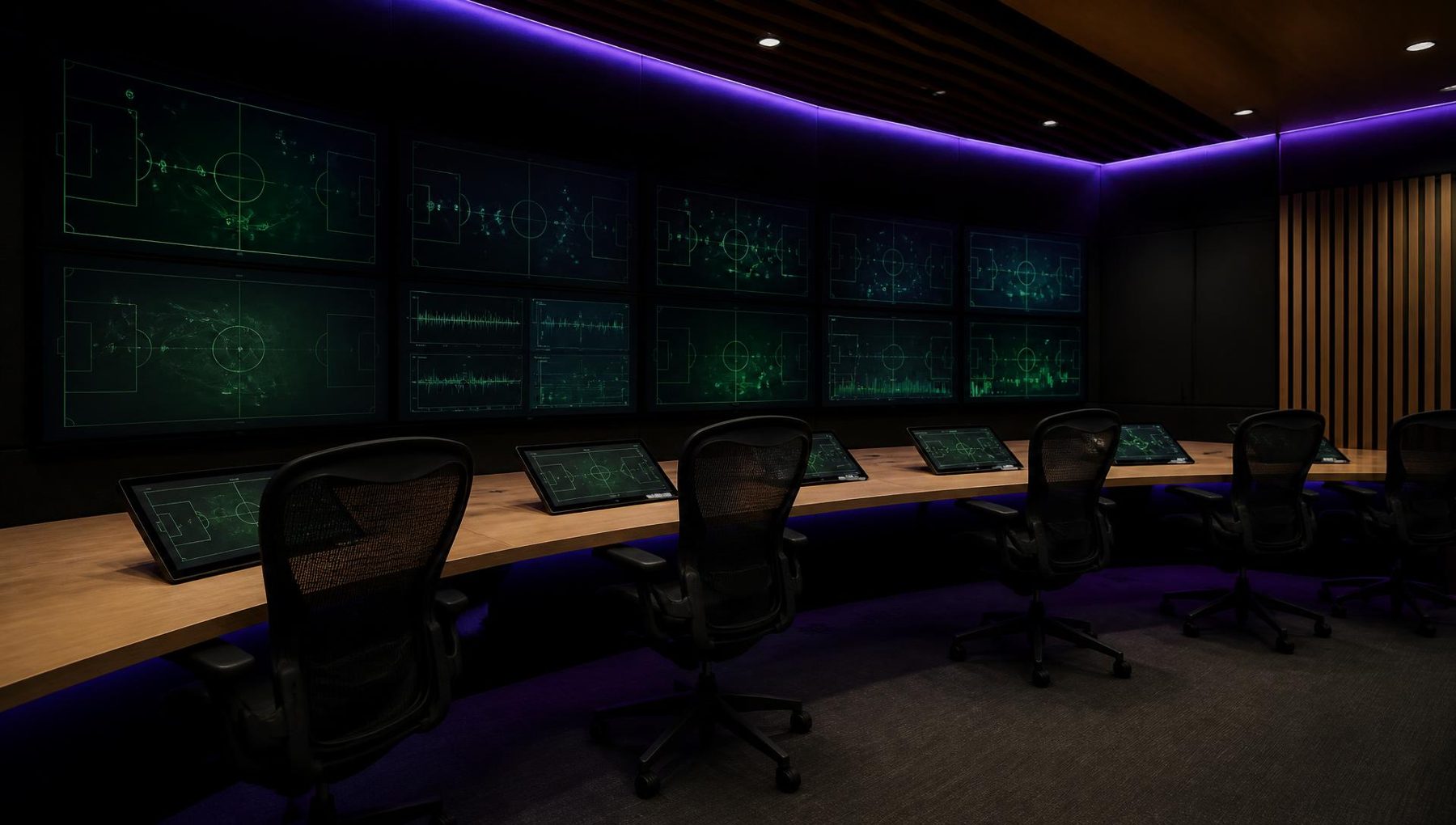 Illustrative render of the proposed performance analysis suite with a wall of monitors showing tactical and testing data