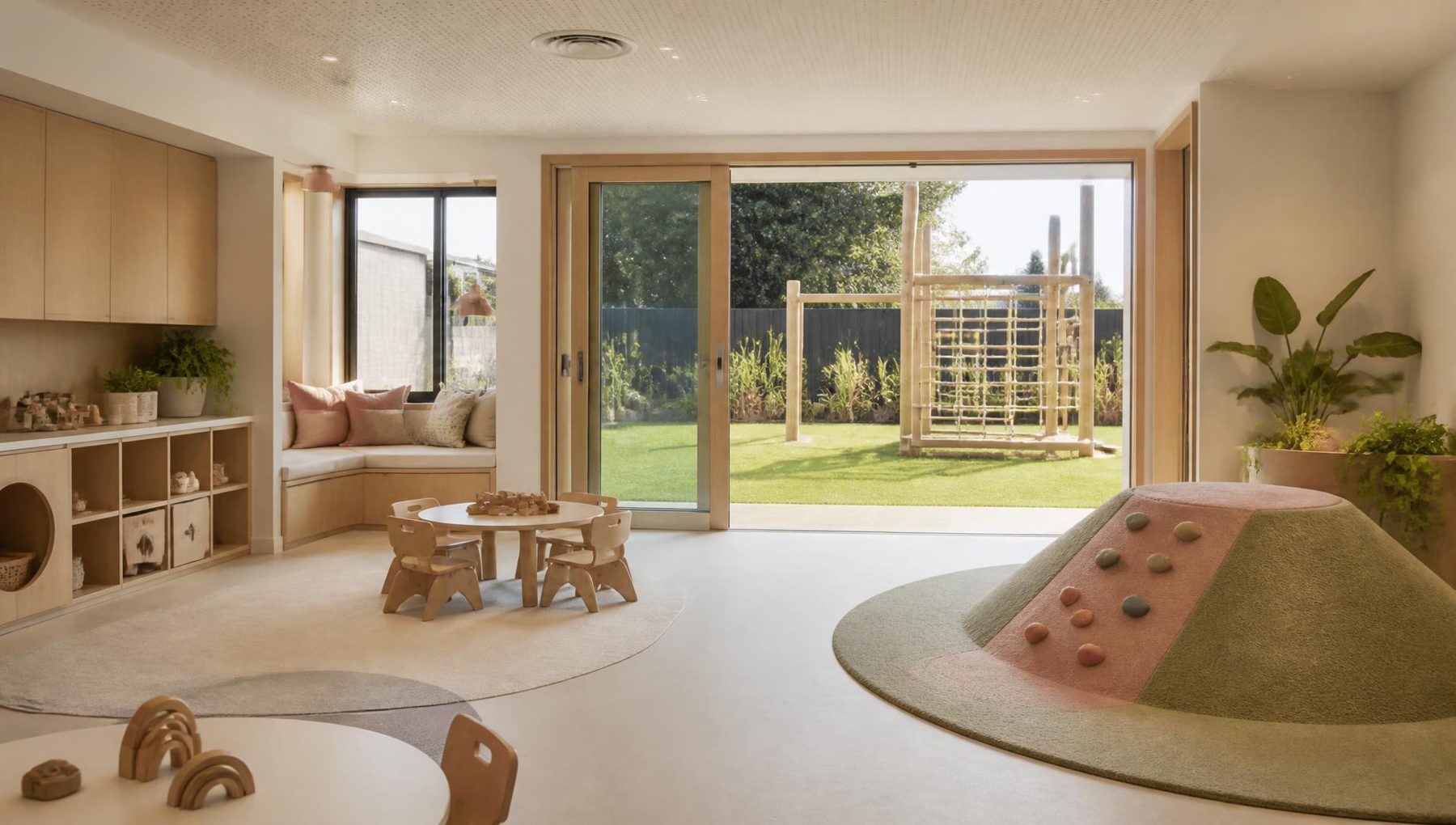 Illustrative render of the proposed crèche and family room with soft play and a secure garden beyond