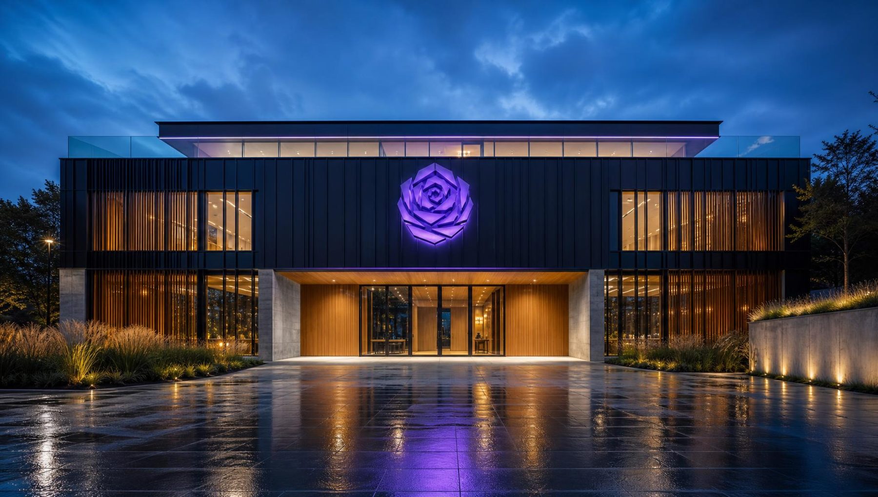 Illustrative render of the proposed White Rose Performance Institute: a single rectilinear two-storey building in matte black cladding with an illuminated purple rose emblem on the front elevation