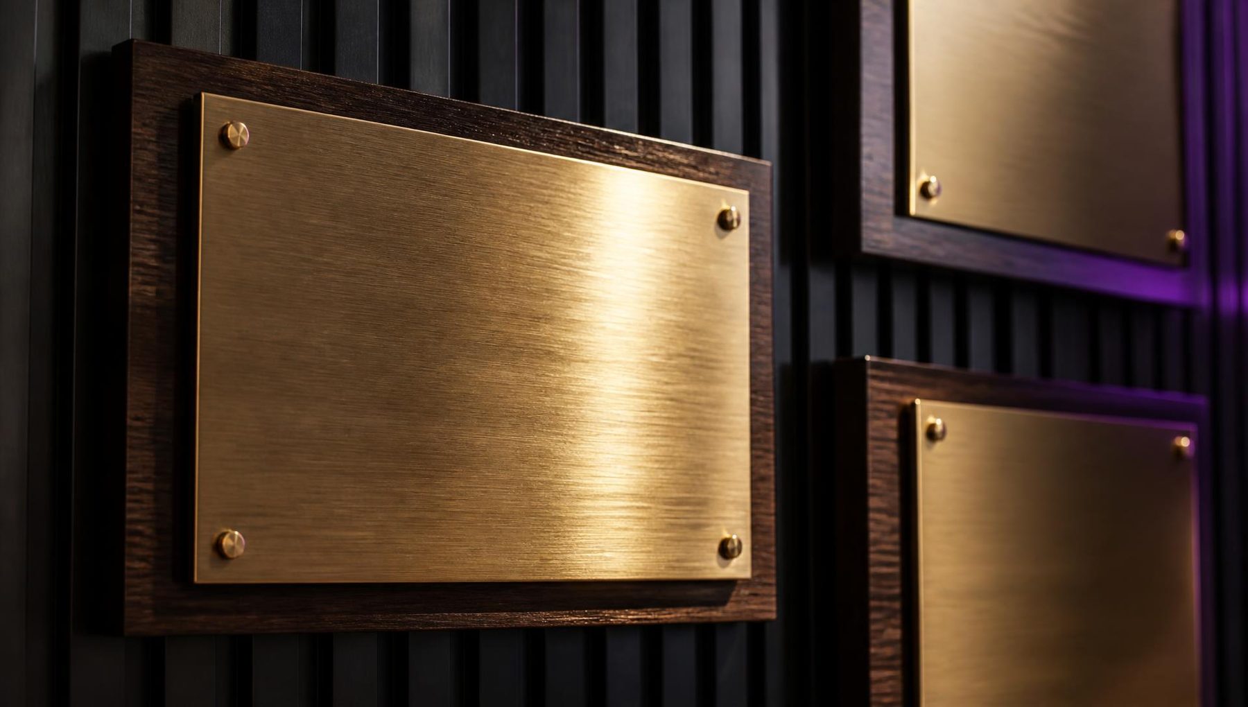 Illustrative close-up render of proposed brass Founders’ Wall plaques engraved and mounted on dark timber