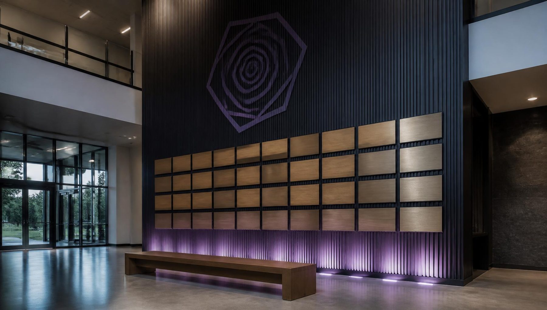 Illustrative render of the proposed Founders’ Wall in the entrance atrium, with rows of brass and timber plaques lit from below in violet