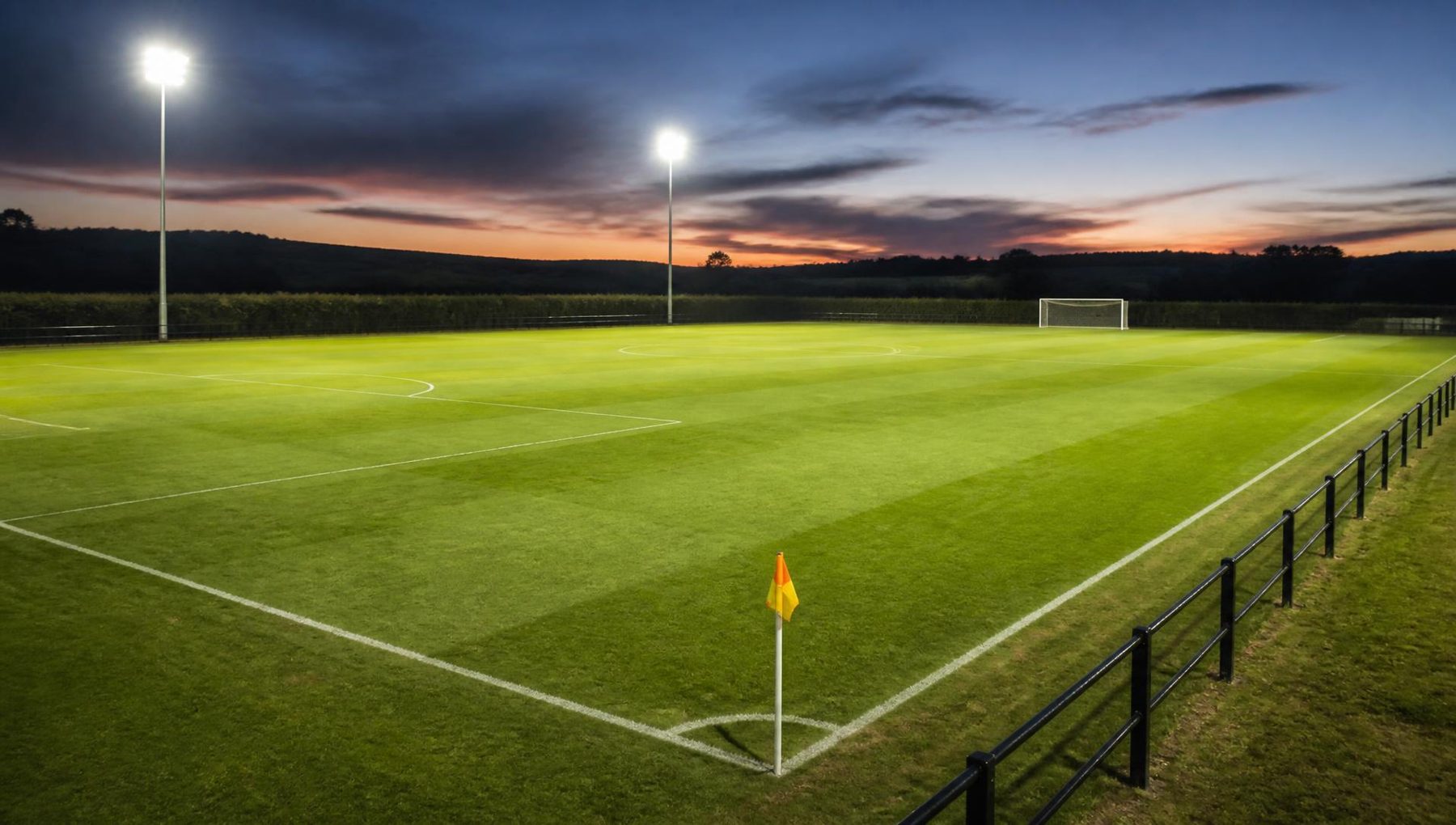 Illustrative view of a proposed full-size grass football pitch with correct markings, goals and floodlighting
