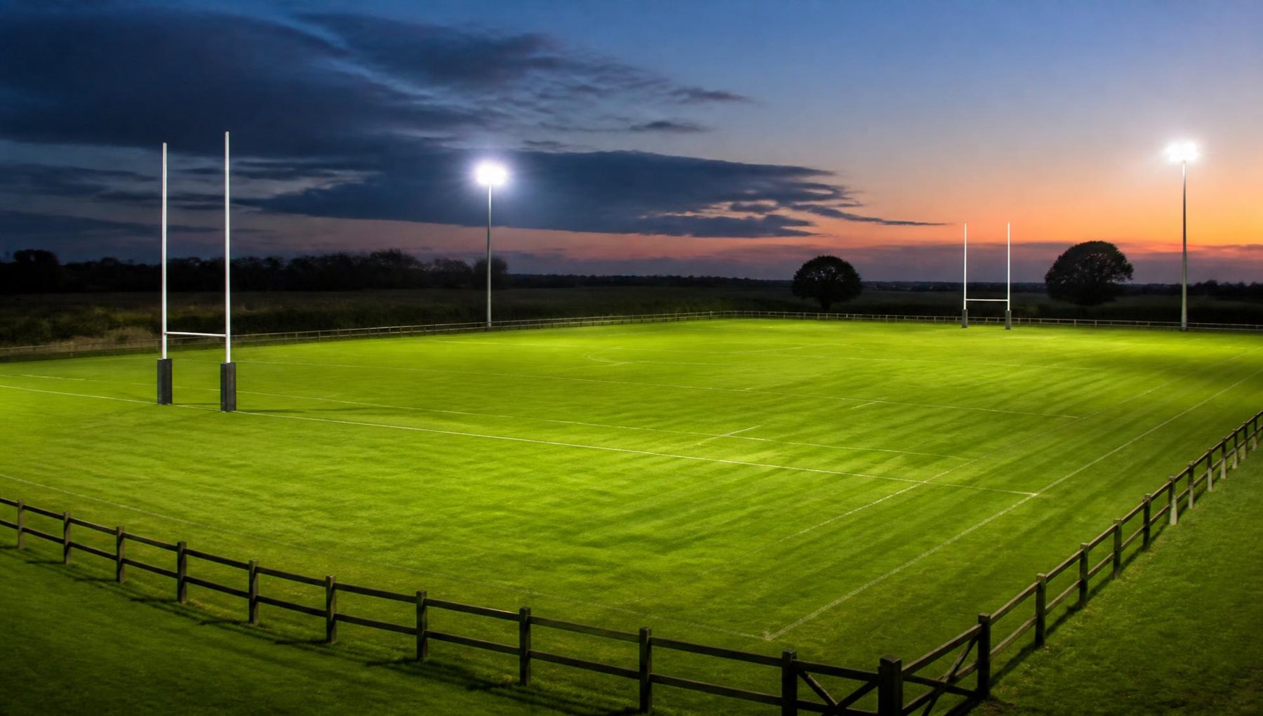 Illustrative view of a proposed full-size grass rugby pitch with H-shaped posts and correct markings