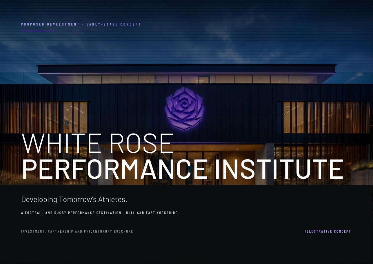 Cover of the White Rose Performance Institute investor prospectus, showing the proposed building at dusk with the illuminated purple rose emblem