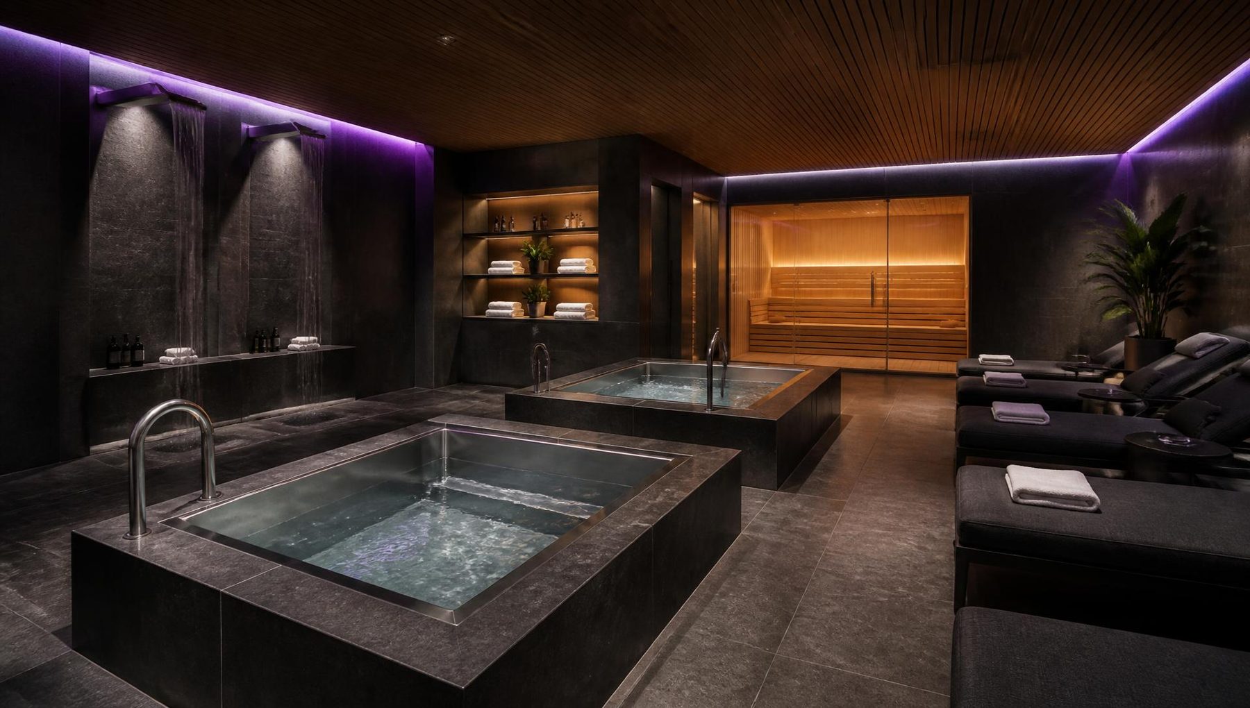 Illustrative view of the proposed recovery suite with cold immersion pools, a timber sauna and relaxation loungers